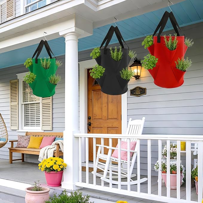 Augshy 3 Pack Upside Down Strawberry Planter Bags, 3 Gallon Hanging Grow Bags 6 Pockets with 3 Hooks Tomato Planter Topsy Turvy Planter for Strawberry Tomato Herb Vegetables House Garden