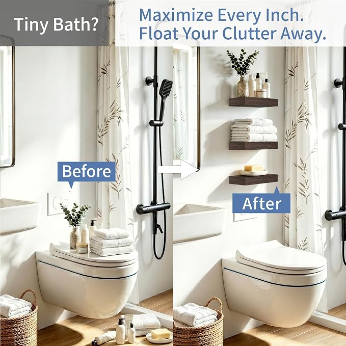 Smoke Gray Floating Shelves for Bathroom, 12 Inch Wall Set of 3 | Above Toilet Storage Shelves, Easy Install, Easy-Clean, 33lbs Max Load, Hidden Brackets, Bedroom Living Room Kitchen Decor