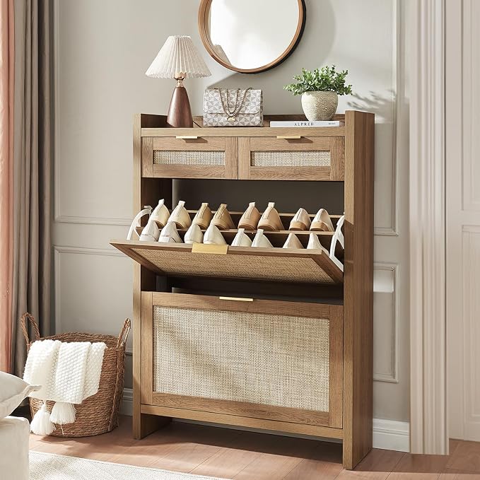 HOKYHOKY Rattan Shoe Storage Cabinet with 2 Drawers & 2 Flip Drawers
