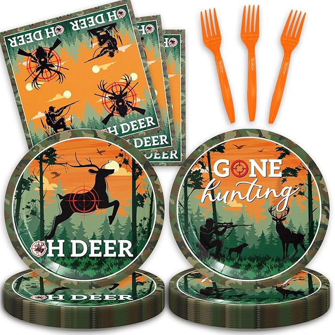 48Pcs Hunting Birthday Party Decorations,Camo Hunting Party Plates Napkins and Forks Supplies Set for 16 Guests