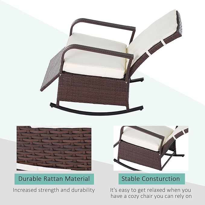 Outsunny Wicker Outdoor Rocking Chair, Patio Recliner with Adjustment Backrest, PE Rattan Lounge Chair with Adjustable Footrest and Cushions for Garden, Backyard, Porch, Beige