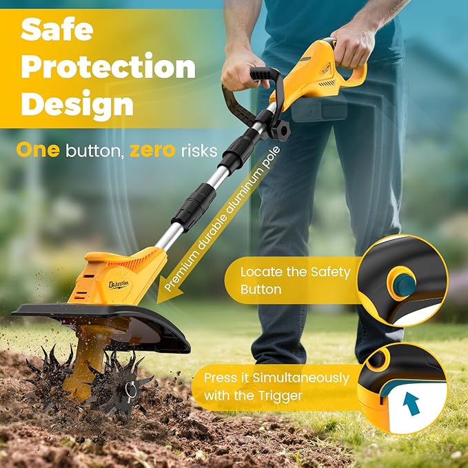 Cordless Electric Garden Tiller Cultivator Compatible with Dewalt 20V Battery(Tool Only), Folding Electric Rototiller Features 40 Steel Tines 310RPM, Yellow