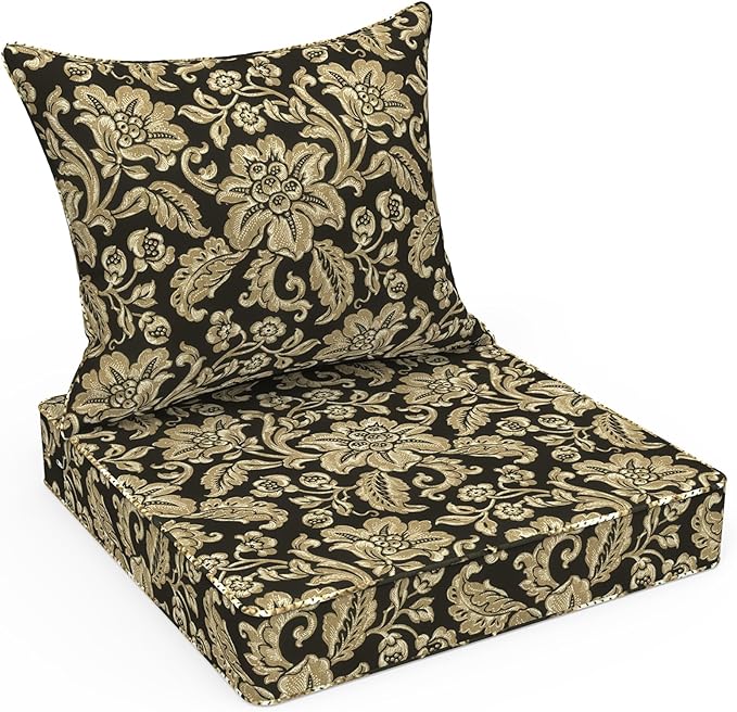 LVTXIII Outdoor/Indoor Deep Seat Cushion Patio Seat and Back Cushion Set All-Weather Replacement Chair Cushion for,Wicker Chairs and Garden Furniture Decoration, 24"x24"x4", Jacobean Black