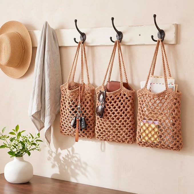 Honeydak 3 Hanging Baskets, Dark Brown, Mesh, Cotton Rope | Wicker Wall Baskets with Hooks for Fruit Vegetable Onion Storage, Teardrop Organizer for Kitchen, Boho Farmhouse Decor