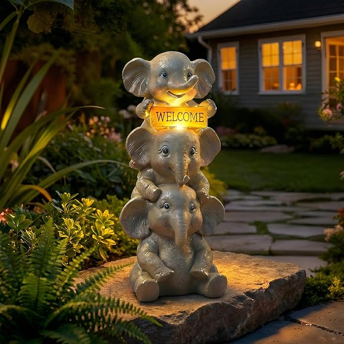 Lyeasw Solar Elephant Garden Statue with Lighted Welcome Sign, Outdoor Decor for Patio Porch Yard, Cute Elephant Family Figurine for Garden, Gift for Mom Grandma Garden Lovers