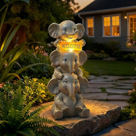 Lyeasw Solar Elephant Garden Statue with Lighted Welcome Sign, Outdoor Decor for Patio Porch Yard, Cute Elephant Family Figurine for Garden, Gift for Mom Grandma Garden Lovers