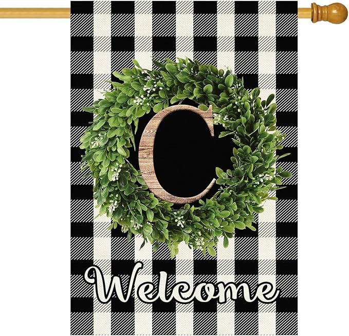 Baccessor Monogram Letter C Garden Flag 28 x 40 Inch, Buffalo Plaid Family Last Name Initial Boxwood Wreath Welcome Vertical Double Sided Large Flags for Outdoor Outside Decoration
