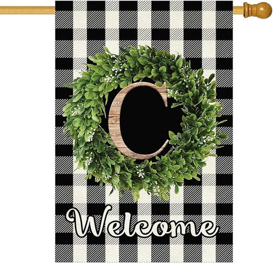 Baccessor Monogram Letter C Garden Flag 28 x 40 Inch, Buffalo Plaid Family Last Name Initial Boxwood Wreath Welcome Vertical Double Sided Large Flags for Outdoor Outside Decoration