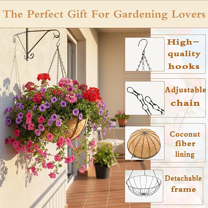 2 Pack 12" Round Metal Hanging Basket for Outdoor Plants Durable Large Hanging Planter with Coco Coir Round Plant Holders Planter for Outside Garden Decoration(Watermelon)
