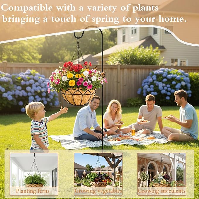 4 Pack 12" Round Metal Hanging Basket for Outdoor Plants Durable Large Hanging Planter with Coco Coir Round Plant Holders Planter for Outside Garden Decoration (Lotus)