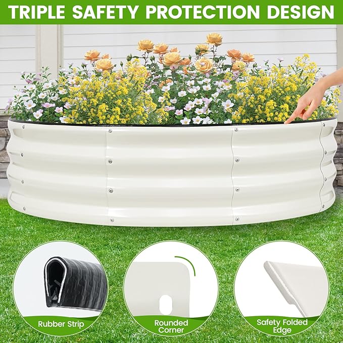 Galvanized Raised Garden Bed Outdoor 2Pcs | 4x4x1ft Metal Raised Beds for Gardening with Safety Rubber Strip | Round Planter Box for Plants Like Vegetables Fruits Flowers, White