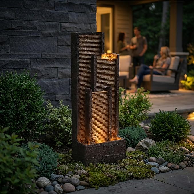 40-Inch Outdoor Water Fountain, Indoor & Outdoor Resin Waterfall Fountains with Soothing Water Sound & 4 Warm LED Lights, Home Art Decor for Garden, Patio, Yard, Porch, Deck, Balcony in Brown