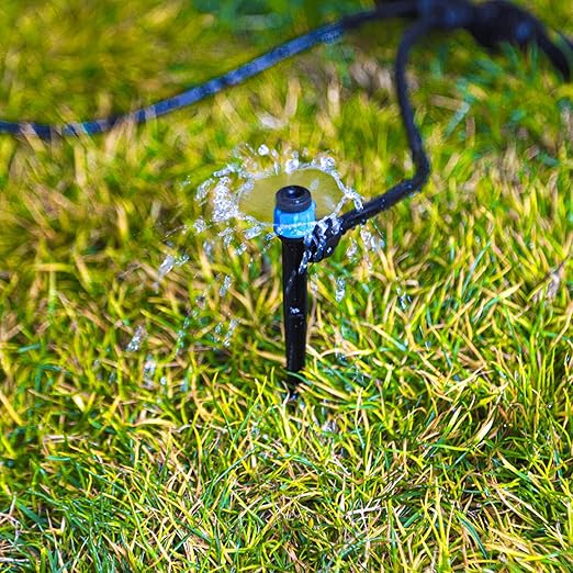 50 Pieces Drip Irrigation Emitters, Adjustable 360 Degree Drip Vortex Emitters on 5" with Stake for 1/4" Drip Irrigation Tubing Irrigation Fan Shape Drippers for Garden Watering System
