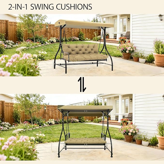 Premium 5" Thicken Porch Swing Cushions Waterproof 3 Seater Replacement Cushions with Backrest and Adjustable Straps, Outdoor Furniture Cushions for Patio, Garden(70×40×5inch)