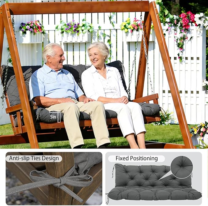 Durable Extra 5" Thick Waterproof Outdoor Swing Cushions 60inch Porch Swing Cushions 3 Seater Replacement Fade-Resistant with Backrest and 8 Ties for Outdoor Patio Long Bench Furniture