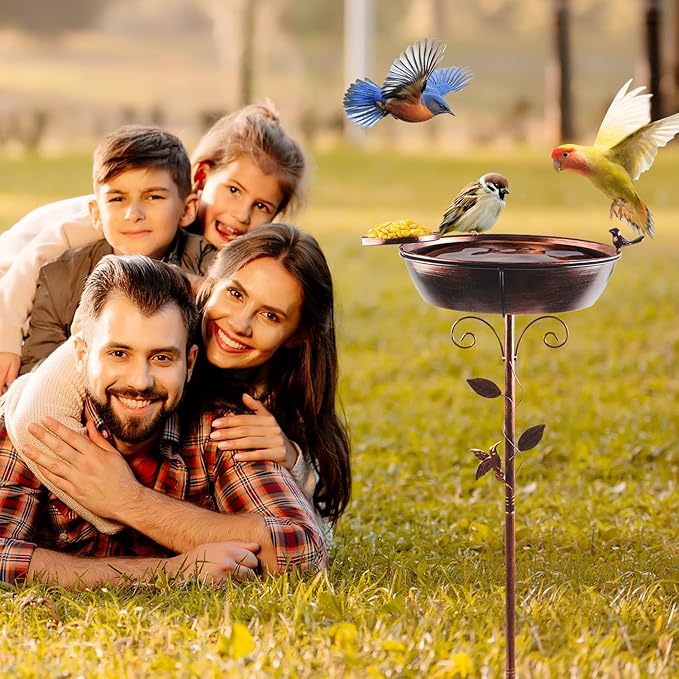 3" Deep 40" Tall Metal Bird Bath for Outdoors, 13" Dia 2-in-1 Removable Bird Baths Feeder Water Bowl, Vintage Standing Birdbaths with Stable Stake for Garden Yard Lawn Decor 1.5 Gallon