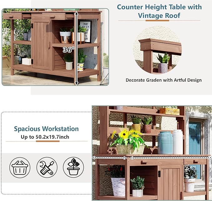 66" Large Outdoor Farmhouse Wooden Potting Bench Table, Garden Workstation with 2 Drawers, Cabinet and Open Shelves for Backyard, Mudroom (Brown-11)