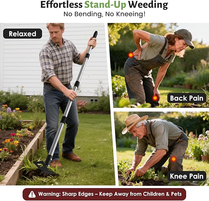 Weed Puller Tool with Long Handle, Stand Up Weeder with 63" Telescoping Handle, 2-in-1 Manual Weeder Remover & Garden Hoe, 6 Sharp Tines for Crack Weeding and Root Removal