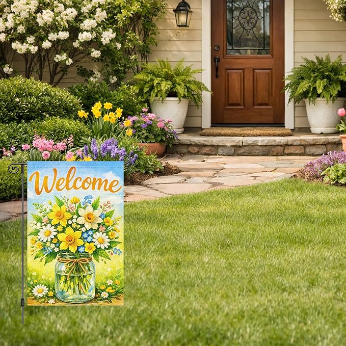 Heyfibro Hello Spring Garden Flag 12x18 Inch Double Sided Butterfly Floral Jar Garden Flag Small Yard Flags for Outside House Farmhouse Seasonal Spring Outdoor Decorations