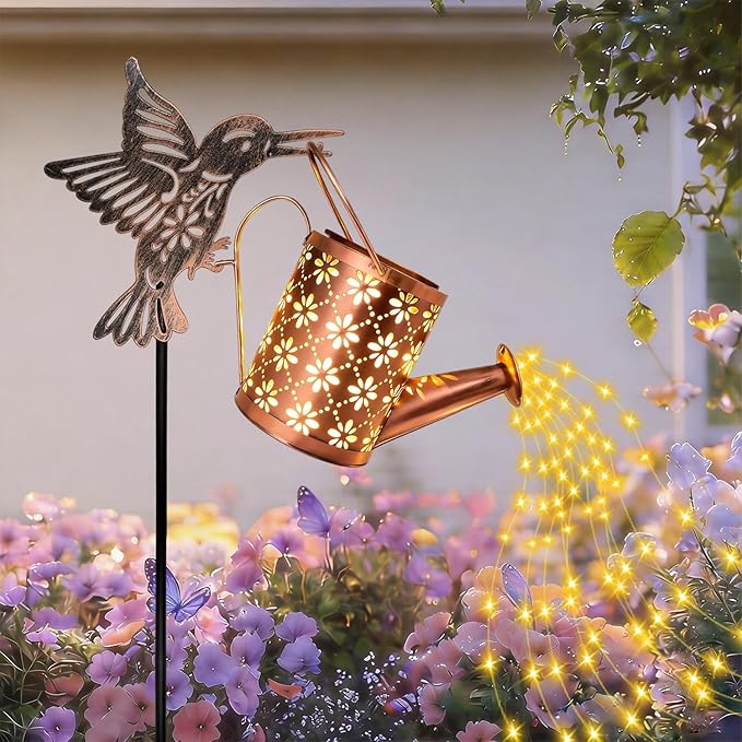 Solar Watering Can with Cascading Lights Outdoor Garden Decor, Bronze Hummingbird Gardening Gifts for Women Mom Grandma Birthday, Solar Lights for Garden Decorations Patio Yard Lawn Backyard