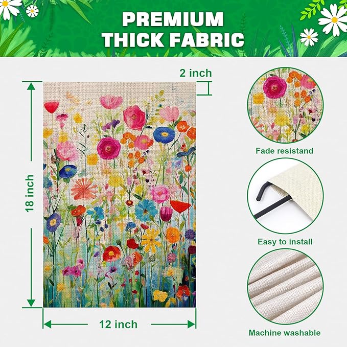 Spring Summer Garden Flag 12x18 Inch Double Sided Outside Colorful Floral Wildflower Small Burlap for Yard Outdoor Seasonal Decoration Flag