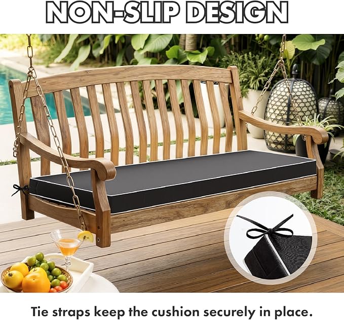 MIULEE Black Outdoor Bench Cushion 45x18x3 Inch Waterproof 3-Year Color Fastness Patio Furniture Cushions for Porch Swing, Garden Bench Sofa Couch with Adjustable Ties No Slip Design