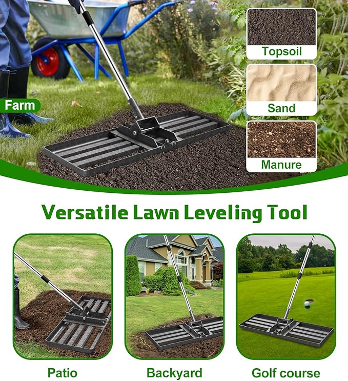 Heavy-Duty Lawn Leveling Rake Levelawn Tool with 30"x10" Plate & 6.2FT Adjustable Stainless Steel Handle Effortlessly Levels Soil/Dirt Surfaces in Lawn, Garden, Backyard, Golf Course, Farm, Pasture
