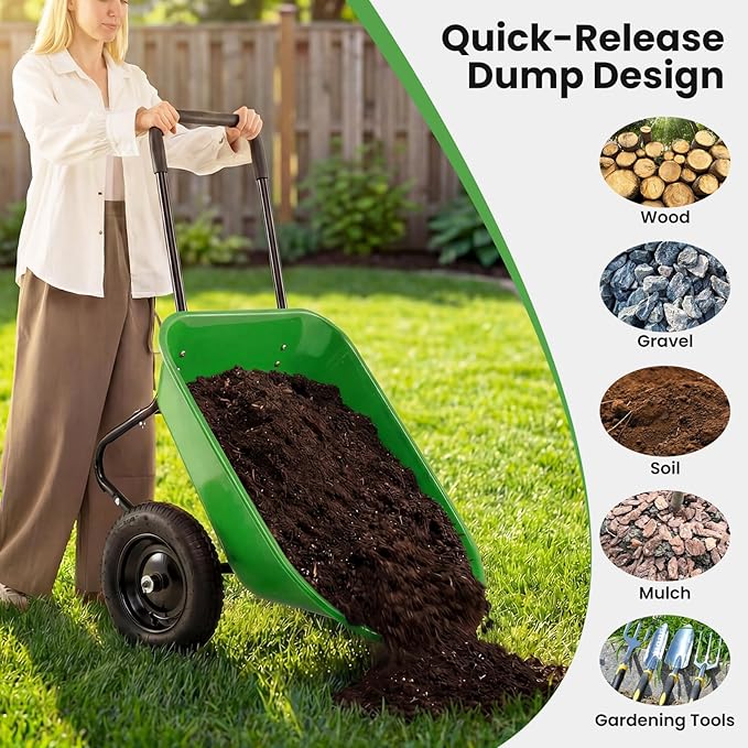 Goplus 2 Wheel Wheelbarrow, Dual Wheel Barrow with 14 inches Pneumatic Rubber Tires, 330 lbs Capacity Garden Yard Cart for Gardening Tool, Moving Soil, Wood, Gravel, Mulch