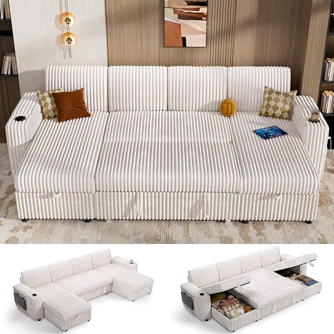 Vipbear 108" Modular Sectional Sleeper Sofa with Pull Out Bed, 4 Seat Plush Corduroy U Shaped Couch with USB Ports|Cup Holders|Side Table|Storage Chaise Armrests, Tool Free Assembly, Beige