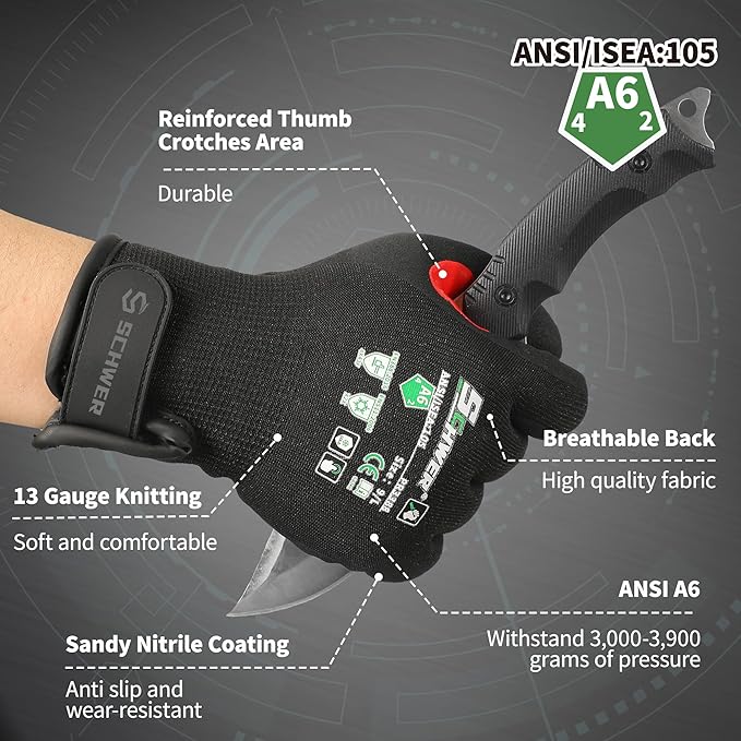 Schwer FreezeGuard Winter Work Gloves for Men and Women, ANSI A6 Cut Resistant Gloves With Super Grip, Freezer Glove for Work, Touchscreen, Thermal Insulated, PR3388, Black Knight (M, 1 Pair)