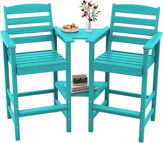SERWALL Tall Adirondack Chairs Set of 2 with Connecting Table, All Weather Outdoor Barstools, Aruba Blue