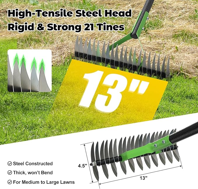 Thatch Rake, 51" Lawn Thatching Rake for Cleaning Dead Grass, 13 Inch Wide Heavy Duty 21 Teeth Steel Metal Rakes, Landscaping Raking Garden Tools for Lawn Care Loosening Leveling Soil Mulch