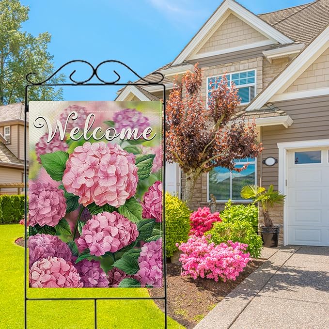 Hzppyz Welcome Spring Summer Hydrangea House Flag Double Sided, Pink Floral Flower Decorative Garden Yard Outdoor Large Decor, Seasonal Burlap Home Outside Decoration 28 x 40