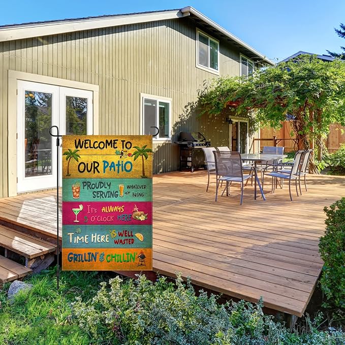 Snycler Welcome To Our Patio Garden Flag, 12.5x18" Party Decorations, Summer Decor, Outdoor Beach Bar Pub Porch Patio Deck Backyard Poolside Decor Outside