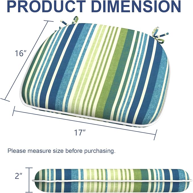 Outdoor Chair Cushions Set of 4, Water Resistant Patio Chair Pads with Ties, Seat Cushions for Home Garden Furniture Decoration, 16"x17",Stripe Blue Green