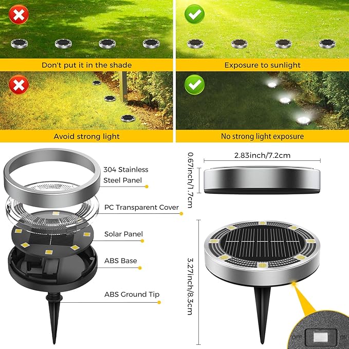 30 Pack Solar Ground Lights Outdoor, 8 LED Mini Flat Solar Disk Lights, IP65 Waterproof Anti-Rust Disc Light, Landscape Lighting for Garden Pathway Yard Walkway Driveway Lawn,Cool White