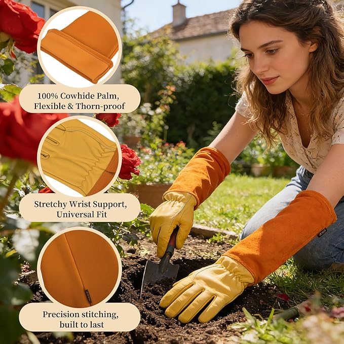 Acdyion Thorn Proof Gardening Gloves for Men & Women, Long Cowhide Leather Rose Pruning Gloves with Forearm Protection, Puncture Resistant Gauntlets for Cacti, Blackberries & Yard Work(yellow,Small)