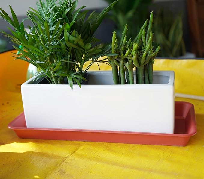 VUWEZ 6 Pack of Plastic Plant Tray Saucer Rectangular, Plant Trays Saucers for Indoors Outdoor, Plant Water Drip Tray for Flower Pot Planter, Windowsill Plant Tray (6.5 X 13 Inch, Terracotta)