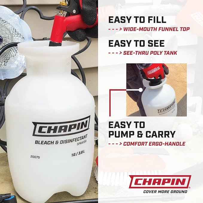 Chapin 1-Gallon Bleach Pump Sprayer, Anti-Clog Design (2 Pack) | Bleach-resistant build for household disinfecting, ideal for covering large surfaces with consistent application