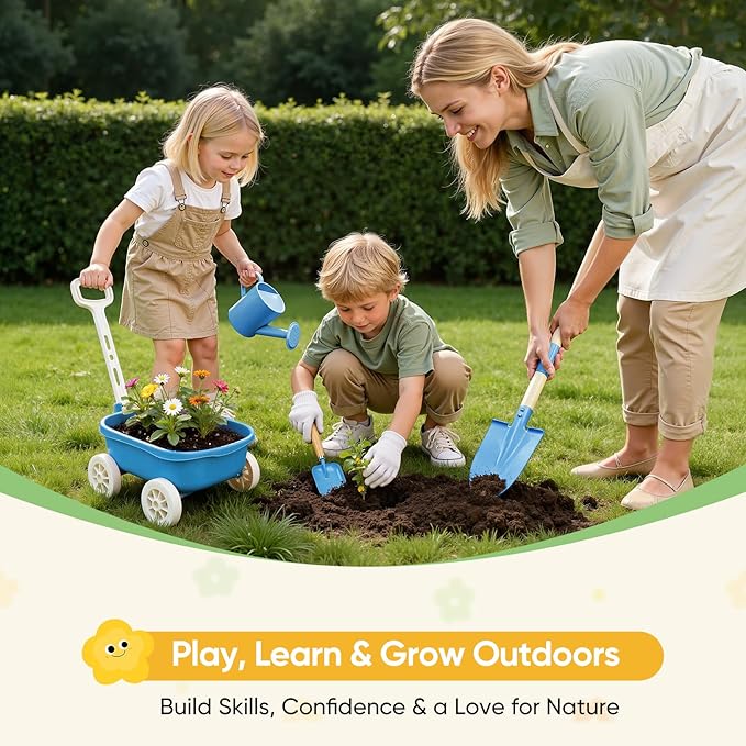Grenebo Kids Gardening Set with Wheelbarrow, 11-Piece Outdoor Yard, Beach, STEM Garden Play Kit with Child-Sized Tools, Durable, Safe & Fun Gift Toy for Ages 2+ Kids Toddlers Boys Girls (Blue)