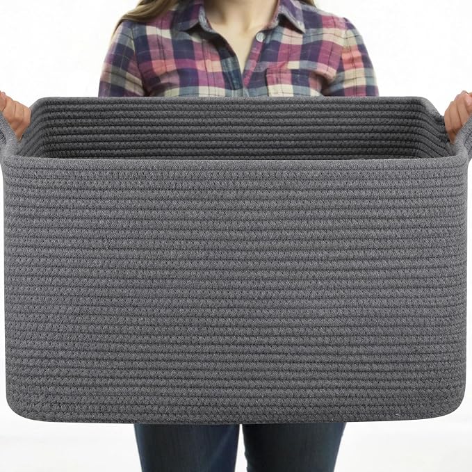 OIASKET Large Toy Basket, Rectangle Woven Rope Storage Basket for Blankets, Dirty Clothes, Shoes, Nursery Organizer Bins (Dark Grey)