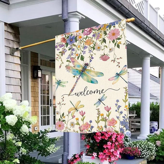 Spring Summer Dragonflies Wildflowers Welcome House Flag 28 x 40 Inch Double Sided, Watercolor Floral Large Yard Garden Flags Holiday Farmhouse Flags for Patio Outdoor Outside Decoration