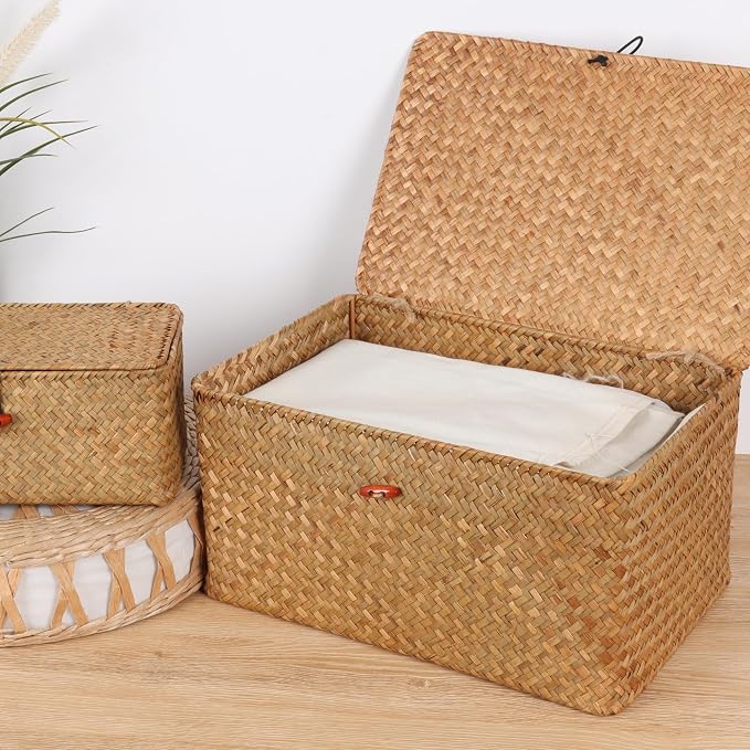 Moosky Wicker Shelf Baskets with Lid,Natural Seagrass Storage Basket Boxes Handwoven Rectangular Baskets Bins Multipurpose Home Organizer Decor (Small)