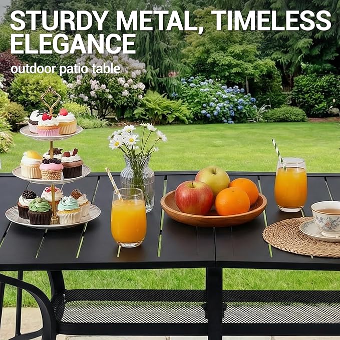 63"x38" Outdoor Dining Table for 6 Person, Metal Rectangle Patio Dining Table with Adjustable Umbrella Hole for Garden, Partitioned Storage Shelf, Backyard and Porch, Black