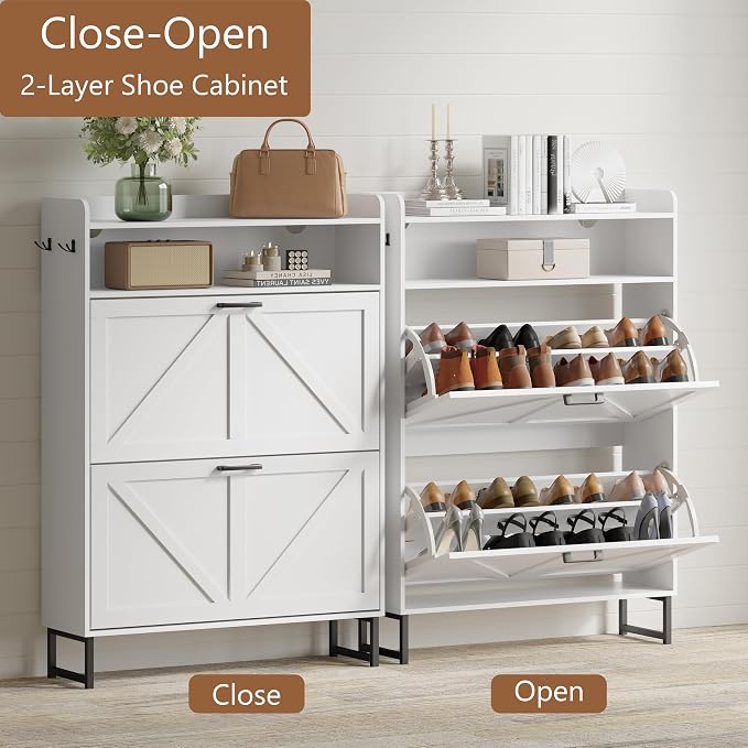 Xixini Shoe Storage Cabinet with 2 Flip Drawers, Entryway Shoe Rack, White