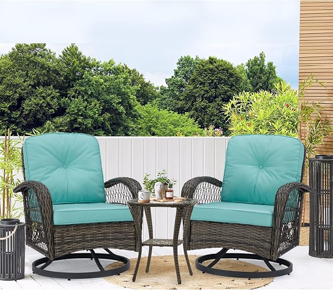 MELLCOM 3 Pieces Patio Furniture Set, Outdoor Swivel Rocker Patio Chairs, Wicker Patio Bistro Set with Rocking Chair, Thickened Cushions and Glass Coffee Table for Backyard, Garden, Blue
