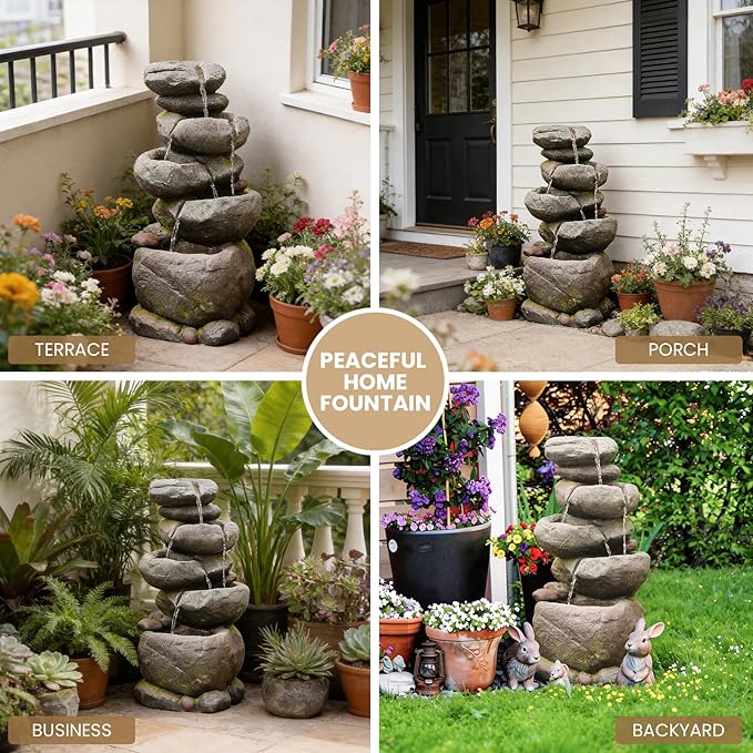 Bumilgar 27.8" H Outdoor Water Fountain with LED Lights, 5-Tier Cascading Stone Waterfall Fountain, Natural Rock Resin Outdoor Water Fountain for Garden Patio Backyard Porch Indoor Decor