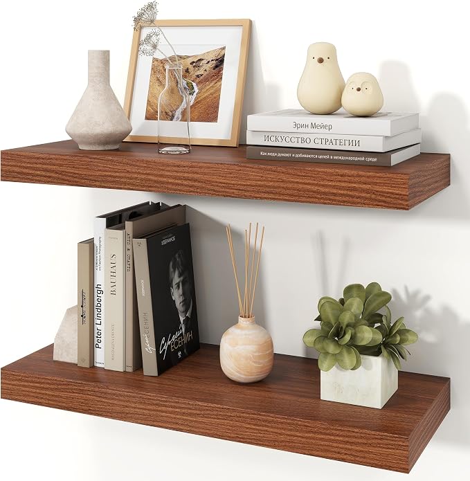 24" Walnut Floating Shelves Wood Wall Shelf, Walnut Color, Set of 2 | Wall Mounted Wood Shelves, For Bathroom, Bedroom, Living Room, Kitchen, Hanging Shelf for Books/Storage/Room Décor