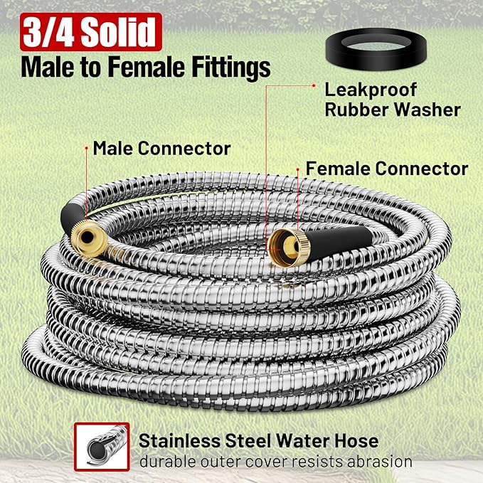 Beitopamz Garden Hose 75 ft, Stainless Steel Metal Water Hose with Nozzle, Flexible and Durable, Rust Proof, No-Kink, Heavy Duty, Leakproof 3/4'' Brass Fittings, Lightweight Hose for Patio, Lawn