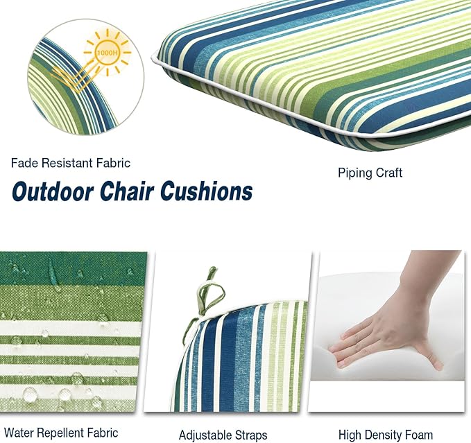 Outdoor Chair Cushions Set of 4, Water Resistant Patio Chair Pads with Ties, Seat Cushions for Home Garden Furniture Decoration, 16"x17",Stripe Blue Green